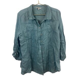 John Mark Blue Green Button Down Shirt Size M‎ 100% Linen